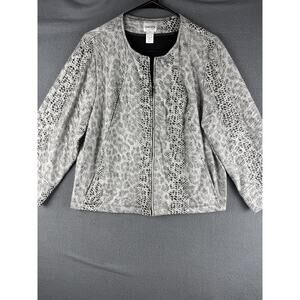Chico’s Full Zip Jacket Women’s sz. 2 (L) Snakeskin Black White Print Collarless